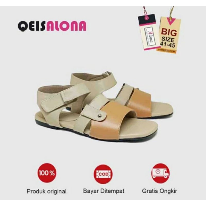 Original, Sandal Flat Wanita Big Size 41-45 / Makazi Sendal Tali Cewek Ukuran JUMBO Cocok Buat Kaki Super Gemuk Krem, Best Seller 42