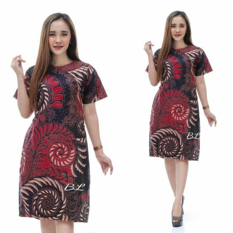 DRESS BATIK LENGAN PENDEK WARNA MERAH/ BAJU ATASAN WANITA UKURAN : M,L,XL,XXL