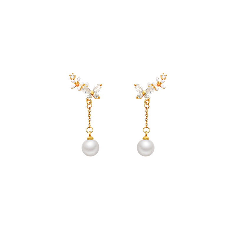 Fringed pearl sparkling diamond flower earrings Aksesoris fashion Korea Wanita