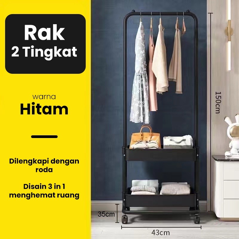 ALEXA RACK BAJU TROLI / GANTUNGAN BERDIRI DENGAN 2 RAK MINIMALIS DENGAN RODA / HANGER BAJU TAS TOPI RAK BUKU SERBAGUNA