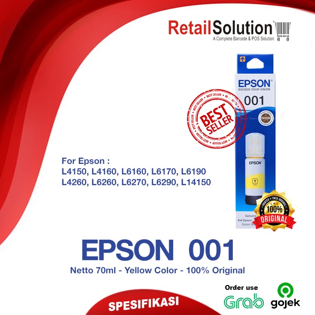 Tinta Epson 001 Yellow Original - Tinta L4150 L4160 L6160 L6170 L6190