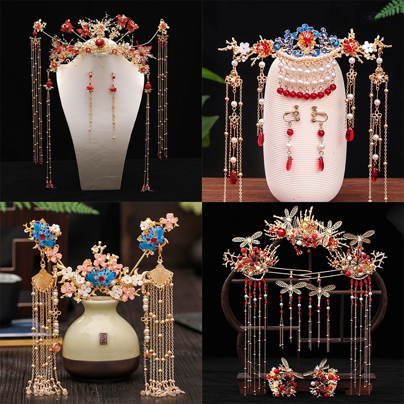 Bridal Headwear Set Hairpin Earrings Hanfu Hairpin Women's Hairpin Flower Tassel Chinese Crystal Hair Comb/Multi Color