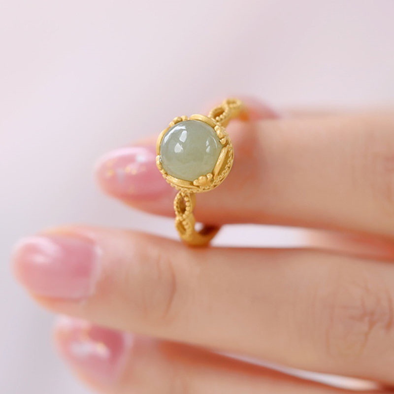 Cincin Giok Hetian Natural Bentuk Bulat Warna Emas Untuk Wanita