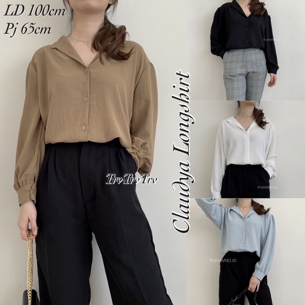 TRIVELA - Lora Blouse - Kemeja Wanita - Kemeja Berkerah - Blouse Wanita - Blouse Cringkle - Atasan Wanita - Baju Kerja - Claudya Longshirt - SJJ