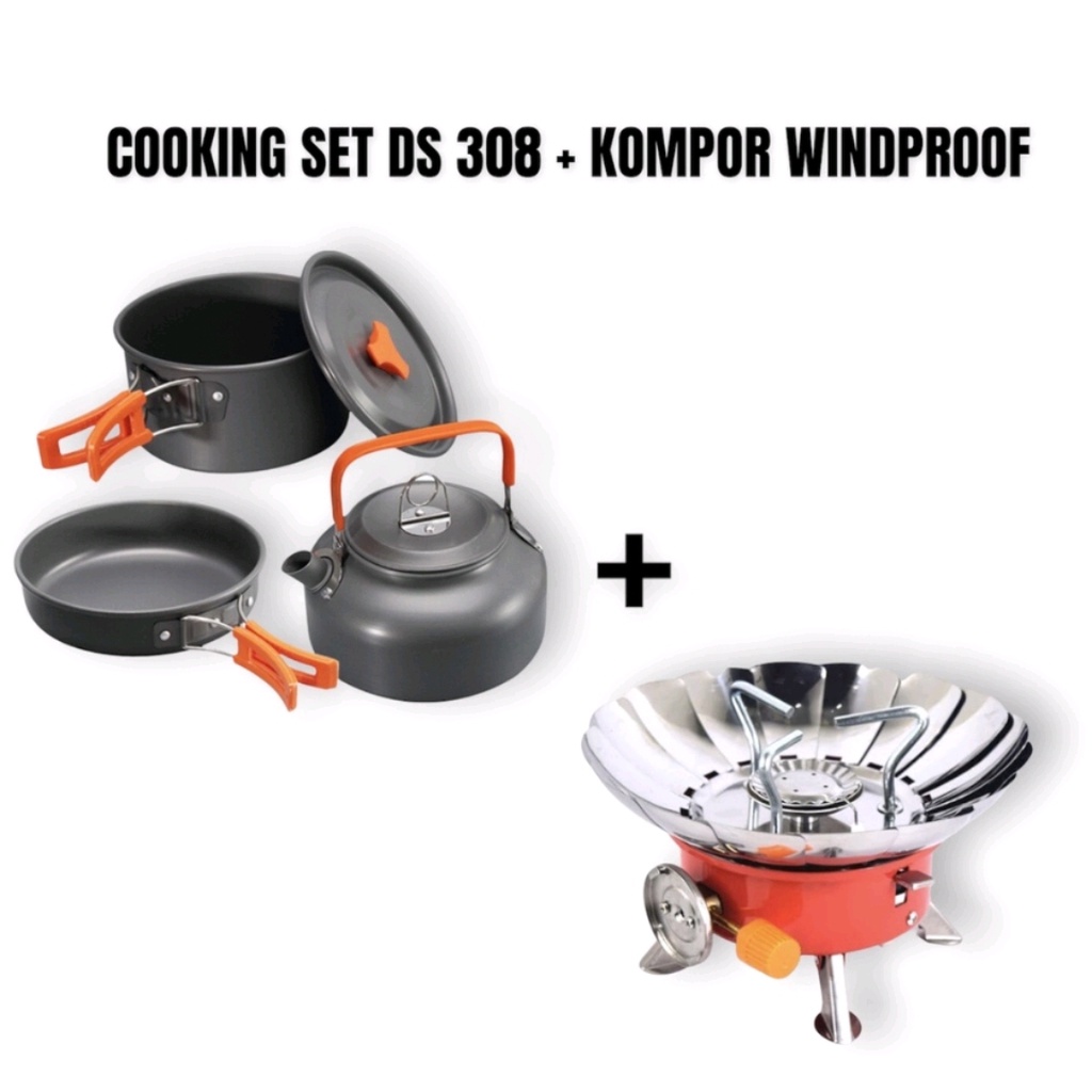 Cooking Set Plus Teko DS-308 &amp; Stove K203 Kompor Mawar Nesting Camping Outdor