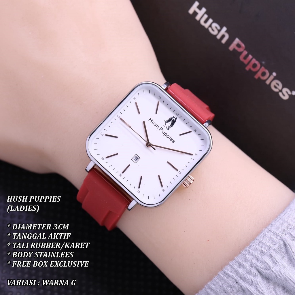 (FREE BOX) JAM TANGAN WANITA HUSH PUPPIES TALI RUBBER BODY SEGI TANGGAL AKTIF