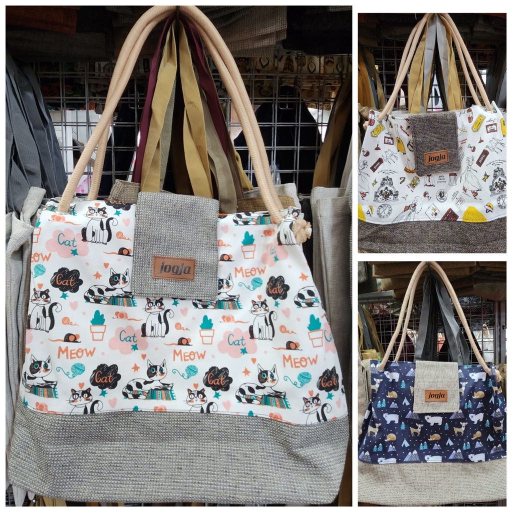 Tote Bag Wanita Motif Lucu Asli Jogja Tas Bahu Bahan Kanvas Tali Sumbu SlingBag Oleh-oleh Khas Jogja