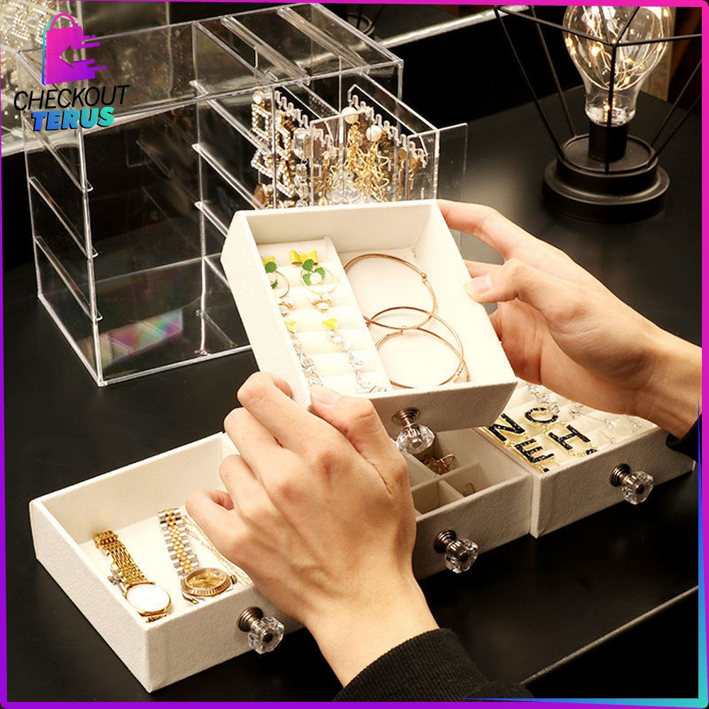 CT K136 Kotak Perhiasan Tingkat 4 Laci Rak Acrylic Organizer Anting Cincin Anti Debu soris Kalung Wanita Rak Kosmetik Multifungsi