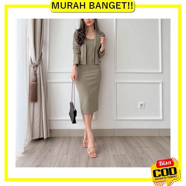 Dress Dres Gaun Wanita Korea/ Baju Dress Kondangan Pesta Party Wanita  Herfit Set Derry / Cardi + Dr