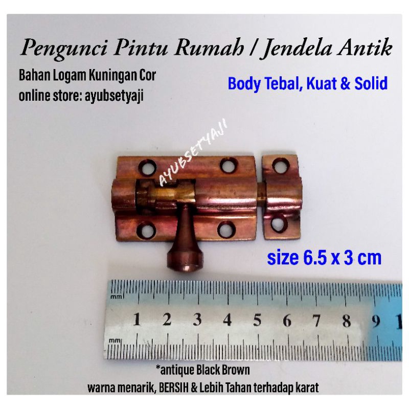 Pengunci Pintu Kuningan size 6.5cm Pendek TEBAL KUAT Solid Grendel Pengaman jendela rumah antik kunc
