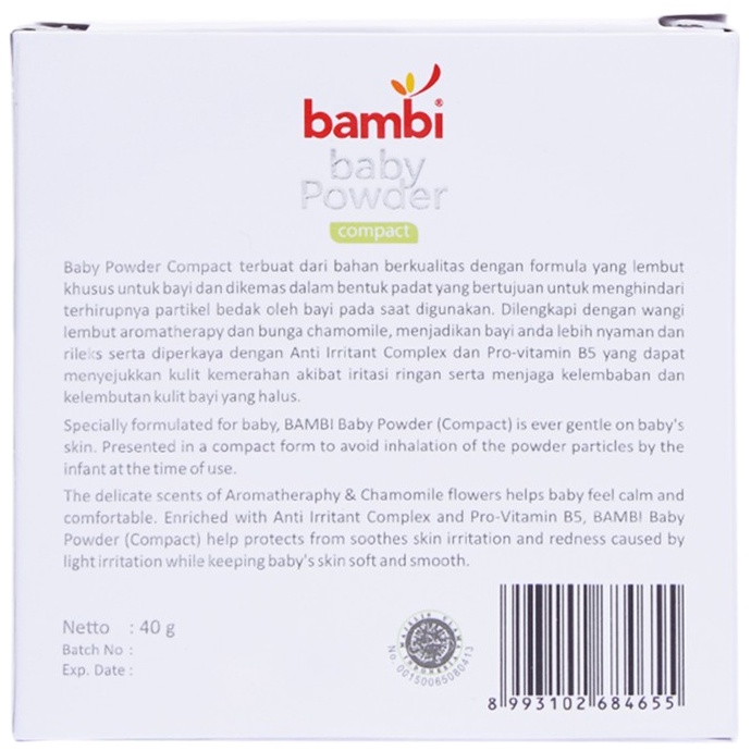 Bambi Baby Compact Powder 40gr | Bedak Padat Bayi Kulit Normal - Sensitif | Aromatherapy