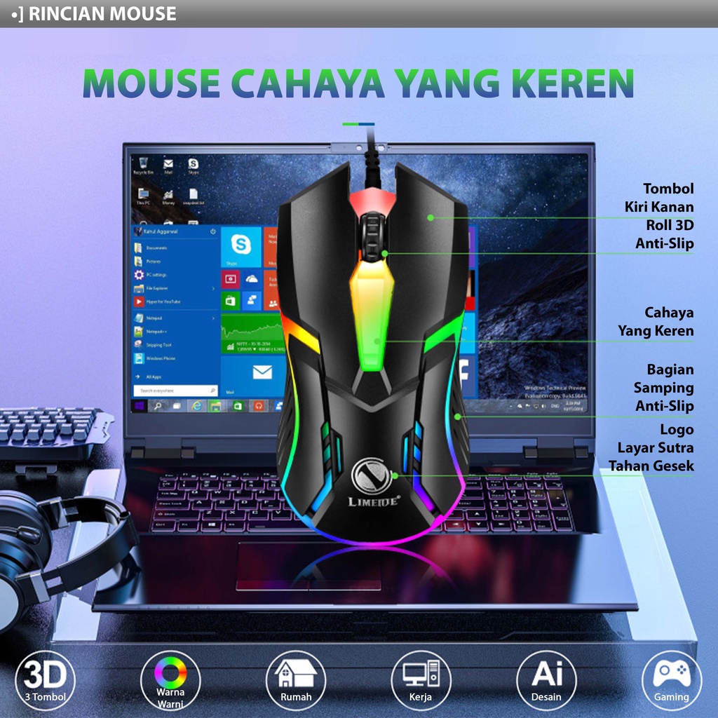 （COD）Glowy keyboard gaming Bulat Punk Mechanical Komputer Set Gaming Mouse dan keyboard USB Cable RGB GTX300 G21