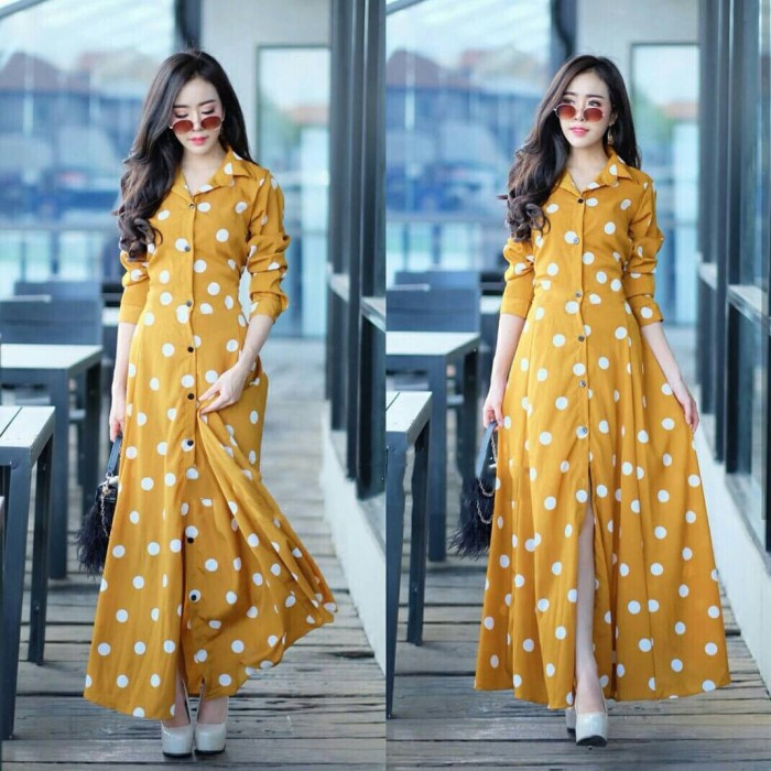 GAMIS DRESS WANITA MURAH GL 1092 Gamis Polka Yellow dress terbaru best seller abaya terlaris brukat 
