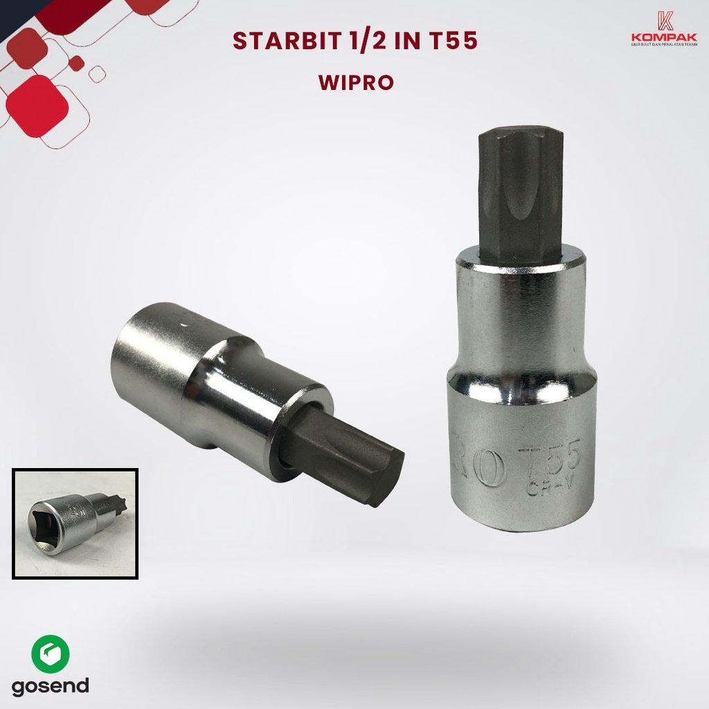 Mata Sok Bintang T55 Wipro 1/2” Star Bit Socket T 55 Shock Bintang 1/2 inch Model Pendek