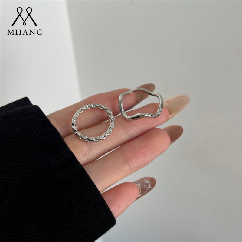 2pcs / Set Cincin Perak Polos Model Irregular Untuk Aksesoris Wanita