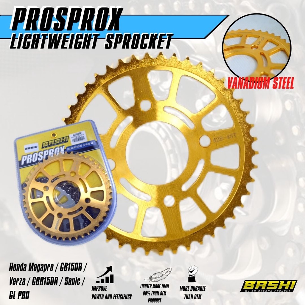 Gear belakang 428H honda megapro cb150r cbr150 verza glpro sonic BASHI PROSPROX lighweight rear sprocket racing ringan