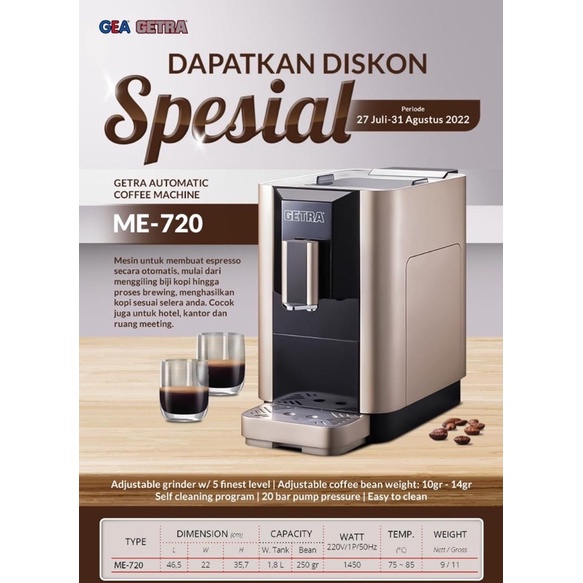 mesin kopi otomatis / mesin espresso otomatis GETRA ME-720