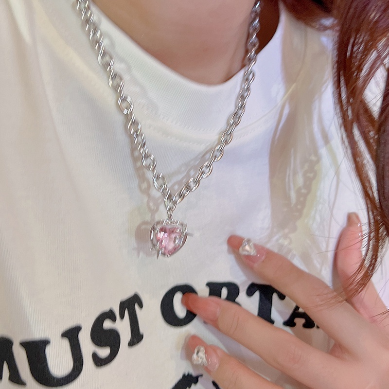 Kalung Rantai Choker Liontin Hati Kristal Warna Pink Untuk Wanita