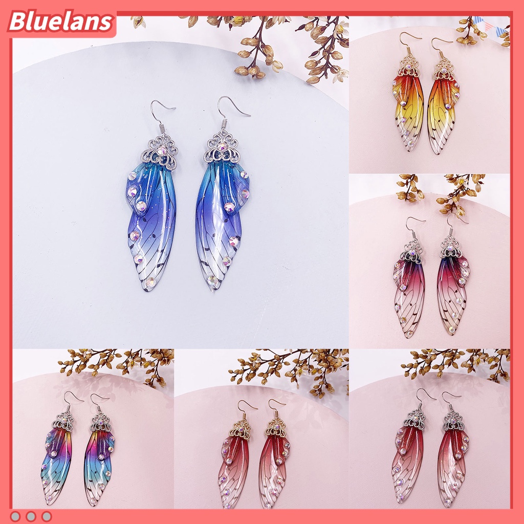 Anting Kait Desain Sayap Kupu-Kupu Aksen Berlian Imitasi Warna Gradasi Untuk Wanita