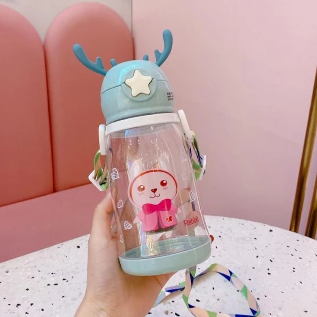 Botol Minum Tanduk Rusa Sticker Dengan Tali Sedotan 600ML / Botol Minum Anak Lucu Anti Tumpah Anti Pecah 600 ML