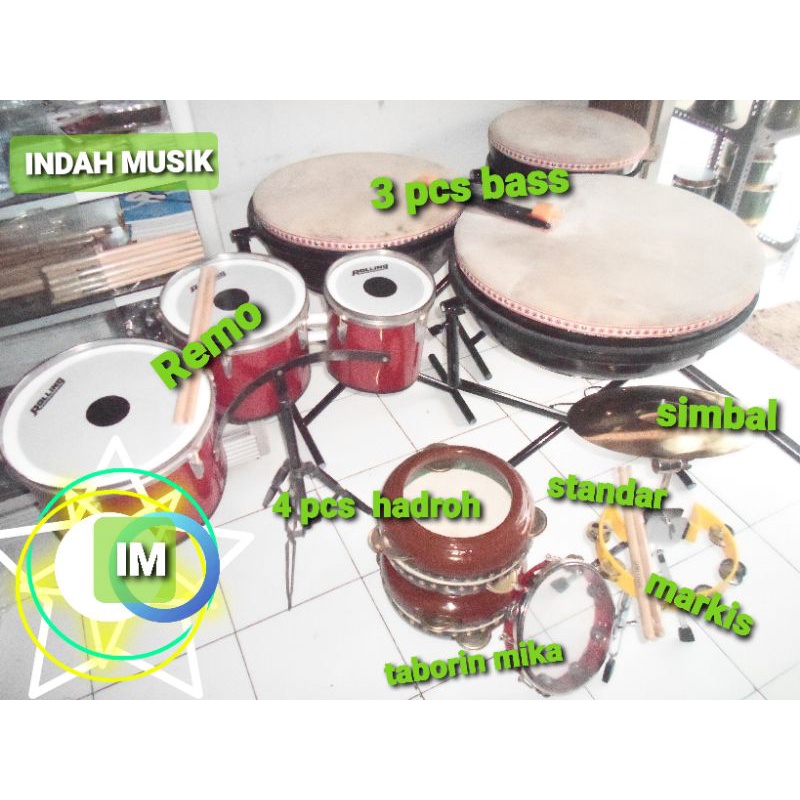 1 set hadroh langitan full set isi 10 alat: 4 pcs gejring hadroh,1 pcs remo, 3pcs bass ,1 pcs markis
