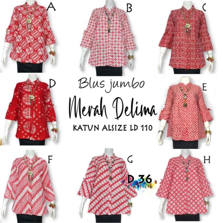 {RGJ.18Oc22в} Blus Jumbo Merah Delima Atasan Batik Wanita Kerja Modern Kasual Elegan