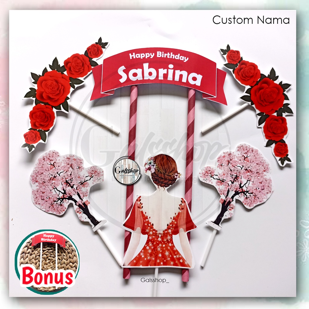 Custom Nama/ Foto / Toppercake Plus Princess Red / Hiasan Kue / Cake Topper