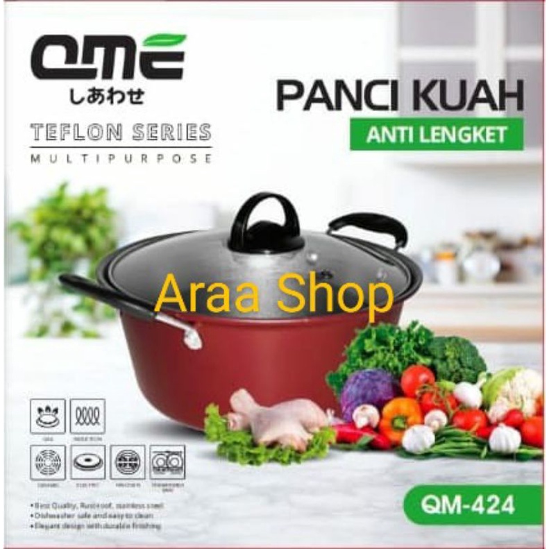 QME Panci Kuah Teflon Anti Lengket Tutup Kaca 24cm / Panci Rebus Teplon Non-Stick / Panci Induksi Li