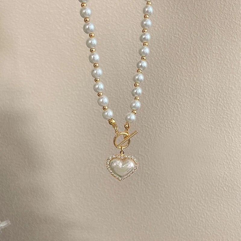 Kalung Mutiara Choker Liontin Hati Vintage Korea Mutiara Dalika