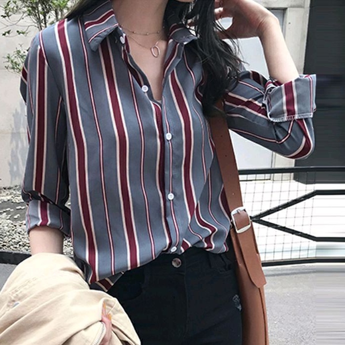 7847 Baju atasan kemeja STRIPED SALUR SHIRT motif garis lengan panjang gaya Korea Korean style cewek