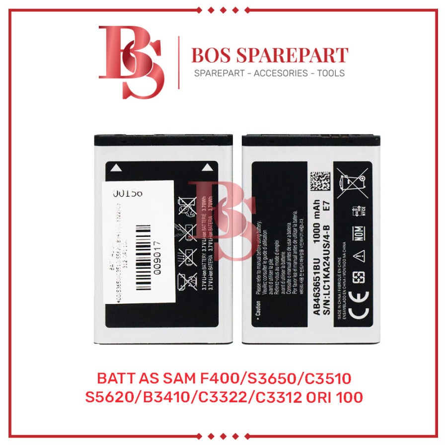 BATTERY AS SAMSUNG F400 / S3650 / C3510 / S5620 / B3410 / C3322 / C3312 ORI 100 / BATERAI / BATRE