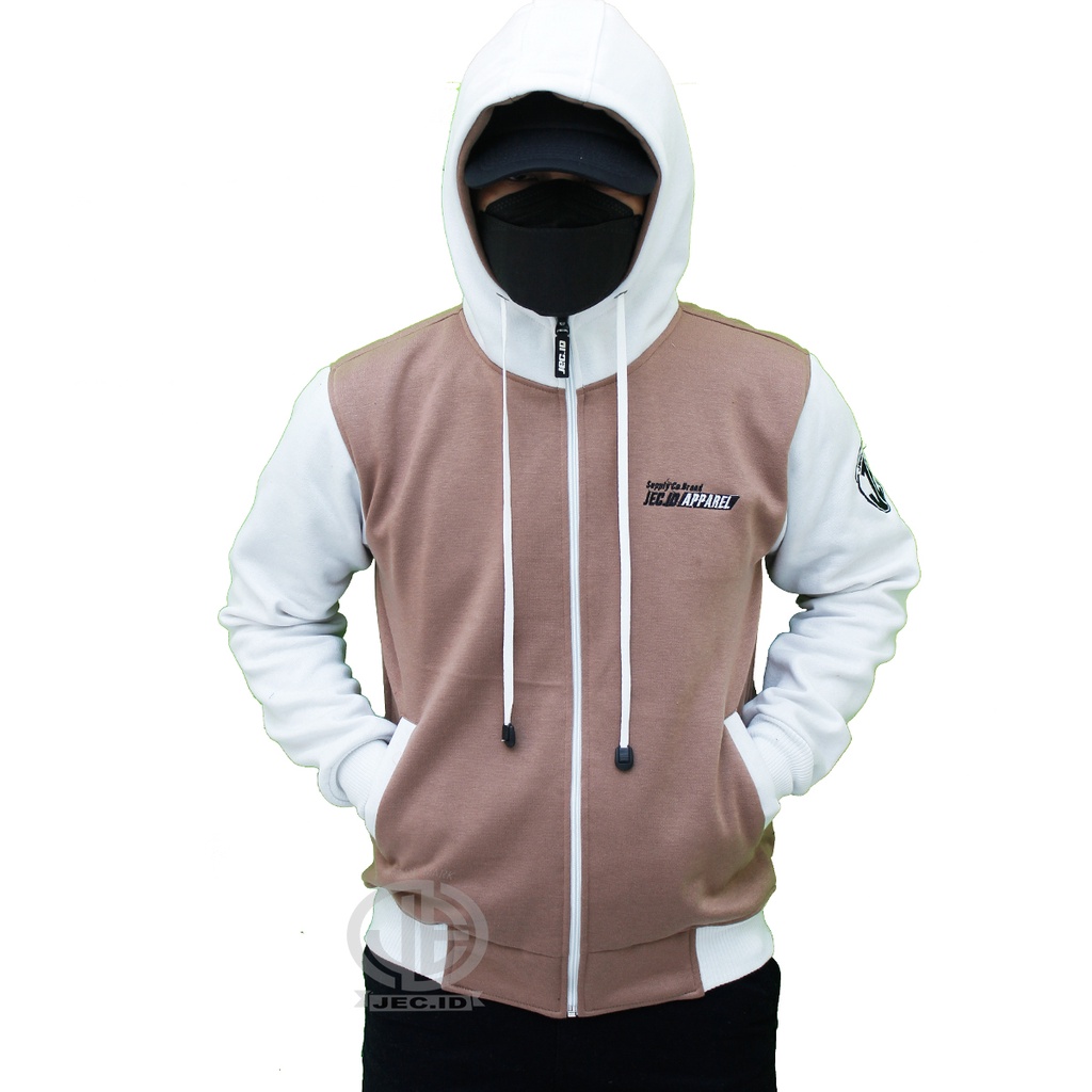 Jaket Sweater Hoodie Zipper Jec Apparel Premium Mocca Putih