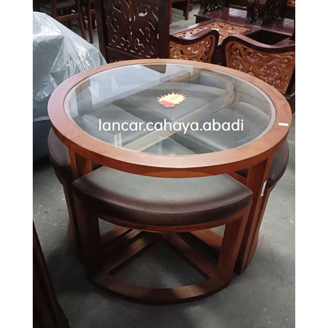 Meja Makan Jati Asli Bulat 90 cm Kaca 4K / Meja Makan Jati 4 kursi