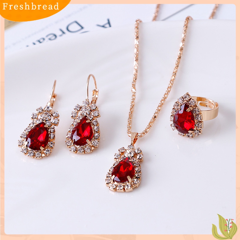 3pcs / Set Kalung Anting Cincin Liontin Water Drop Bahan Alloy Aksen Berlian Imitasi Untuk Wanita