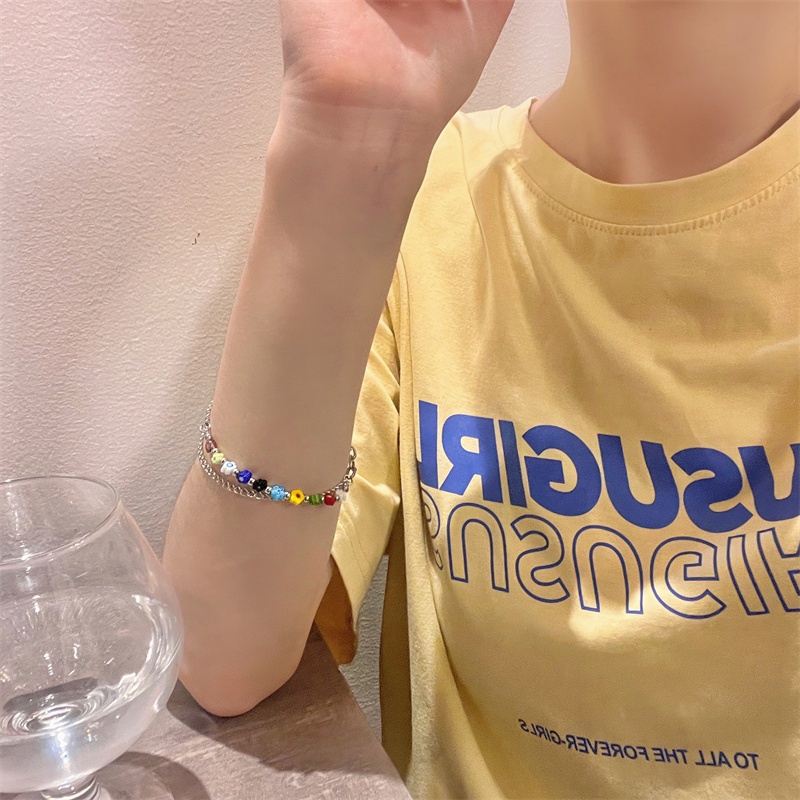 Roselife Gelang Tangan Rantai Silver Wanita Desain Bunga Resin Pelangi layer Ganda Gaya Korea