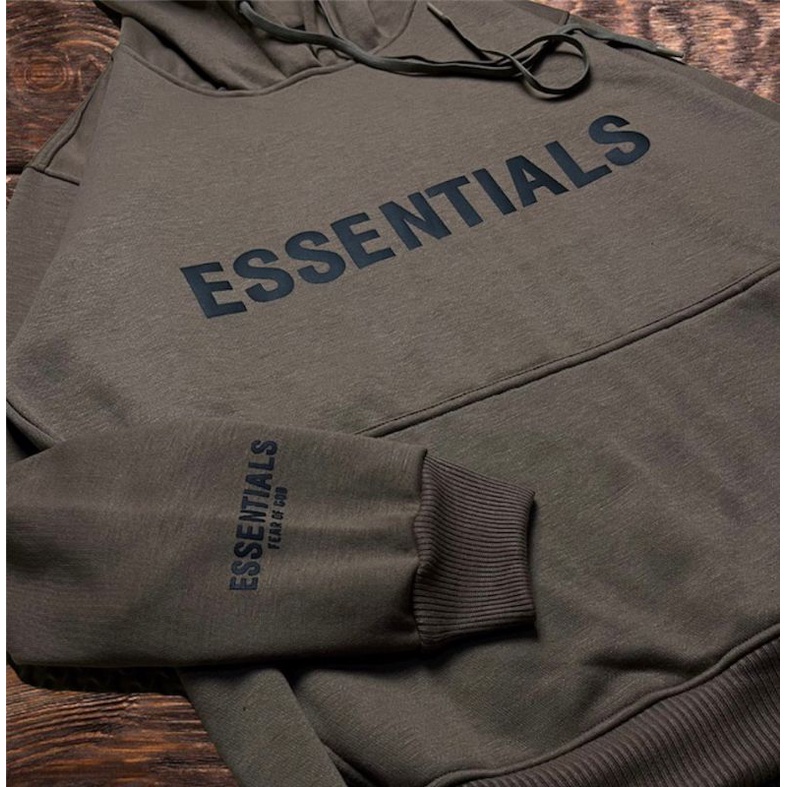 HOODIE ESSENTIALS COKLAT FULL TAG LABEL CASUAL HYPE FASHION PRIA