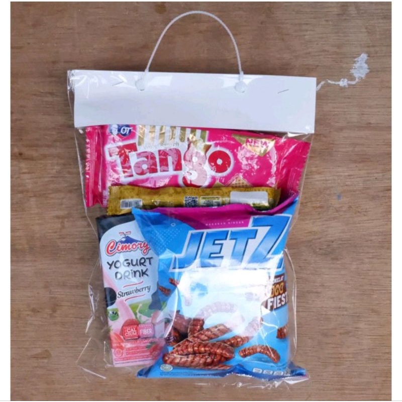 (100 pcs) Tali Plintir Souvenir Snack 17 cm Hitam Putih Gantungan Jinjing Tenteng Handel Tas Plastik Pouch Kemasan