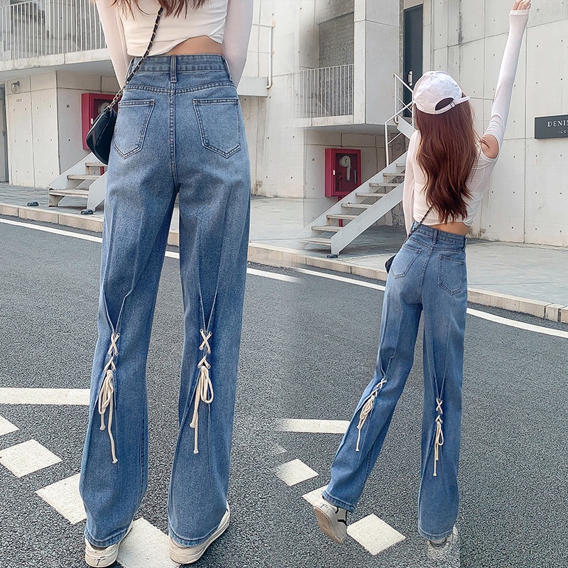Jeans Lace-Up Wanita Celana Panjang Pinggang Tinggi Pelangsing Desain Kaki Lebar Celana Jeans Panjan