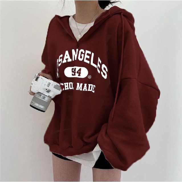 Hoodie Half Zipper Wanita Los Angeles - Big Size - Bahan Fleece - Hoodie Oversize - Size L - XL - XXL