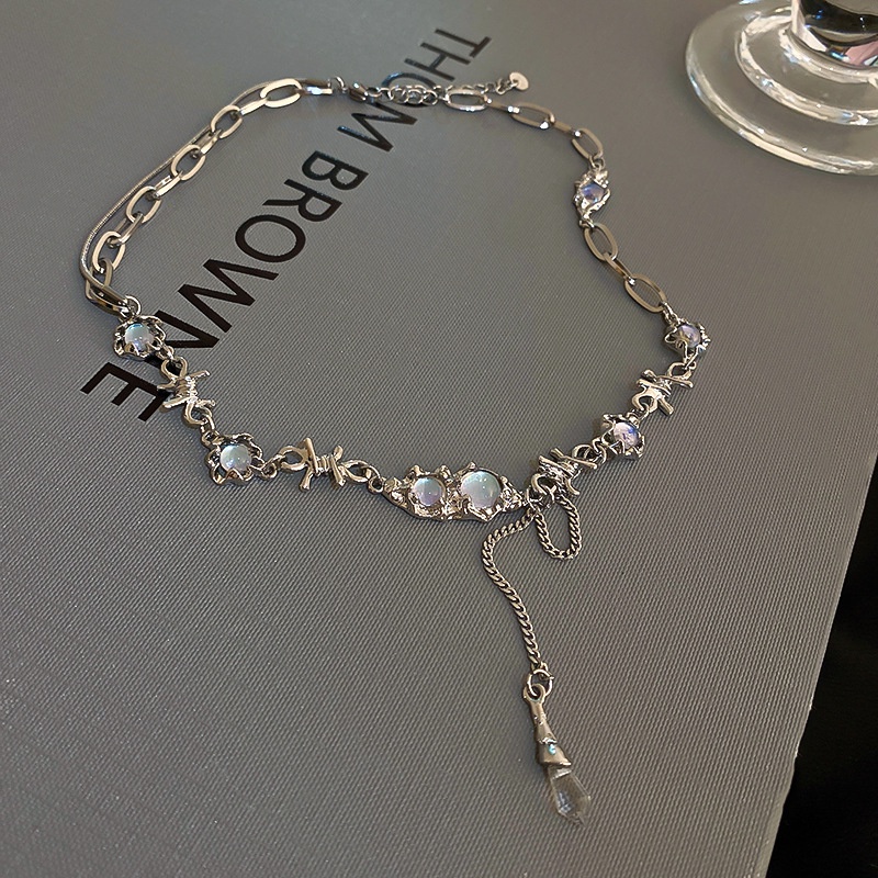 IFYOU Kalung Rantai Liontin Batu Bulan Warna Silver Gaya Vintage Korea Untuk Wanita