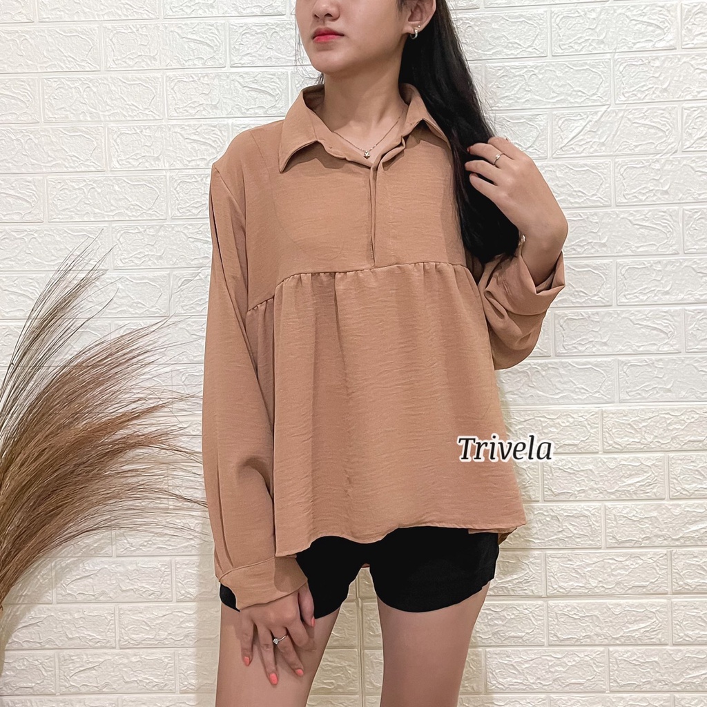 TRIVELA - Blouse Kerja Korean - Kemeja Flowy Adem Wanita - Kemeja Oversized Wanita - Longshirt 9901 - Callista SJJ