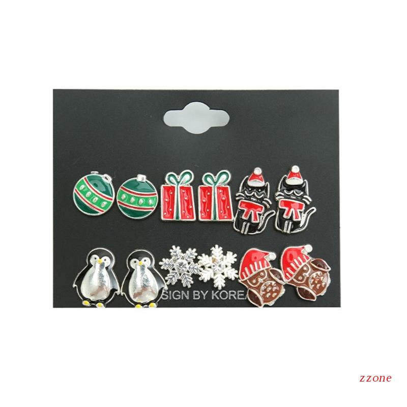 6 Pasang Anting Stud Desain Hewan Kepingan Salju Bola Unik Untuk Hadiah Natal Wanita