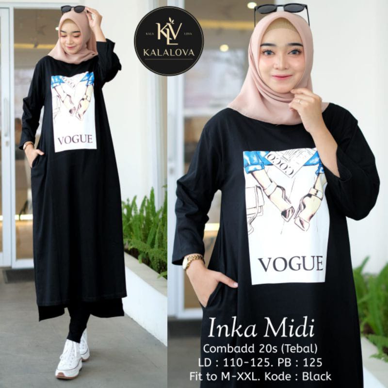 GAMIS INKA MIDI DRESS JUMBO BAHAN KAOS KATUN COMBED 24s UKURAN M L XL XXL GAMIS TERBARU 2023 MODEL TERBARU MIDI COMBED OVERSIZE MIDI HITAM LENGAN PANJANG