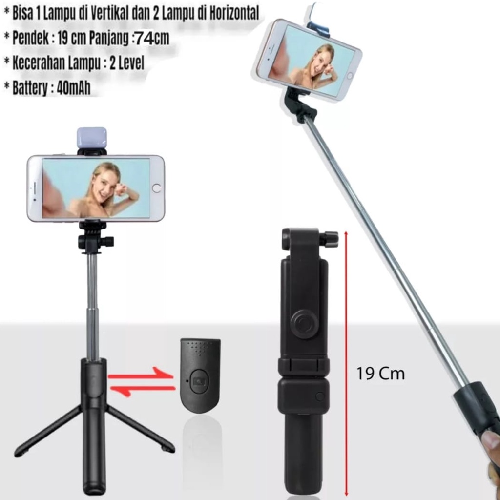 Tongsis Selfie stick R1S LED 3in1 Plus Remote Control Bluetooth Tripod-Tripod Tongsis Wireless R1-S LED With Standing Wireless Nirkabel Monopod Support Ios Android Dudukan GoPro