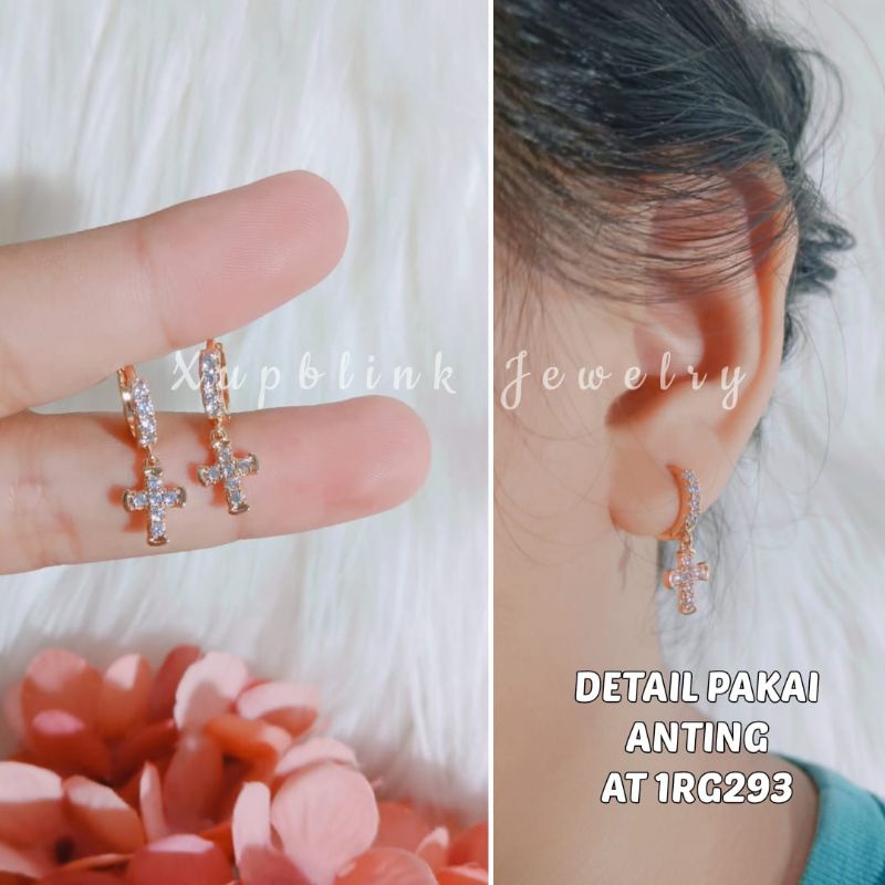 Anting Titanium Salib Permata Anti Karat Anting Klip Wanita