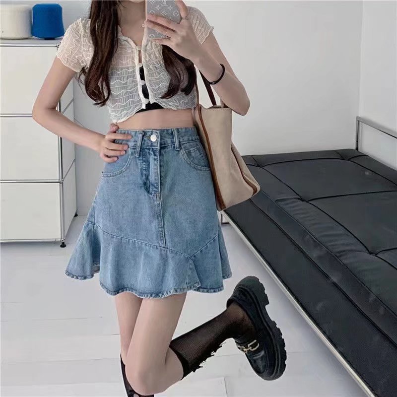 Rok gelombang Rok Denim Wanita Desain Pinggang Tinggi A-Line Rok Ins Fashion Korean Stlye Rok Lipit Jeans