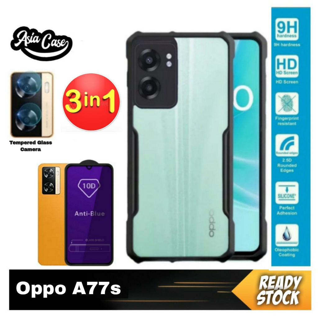 Promo 3 IN 1 Case Oppo A77s Free Tempered Glass Blue Dan Anti Gores Camera Casing Fusion Transparan