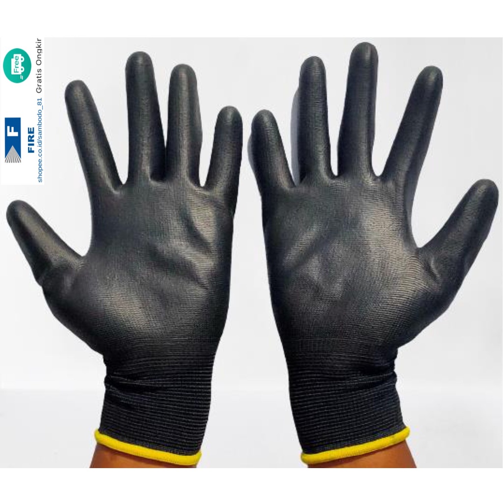 Sarung Tangan Palm Fit Ukuran S,M, L, XL Proyek Satpam Anti Slip Hitam Black Hand Gloves Mekanik Montir Berkebun Tukang Telapak Tangan dilapisi karet Bahan Nylon Polyester Elektronik Assembly Static Multi Purpose Polyurethane