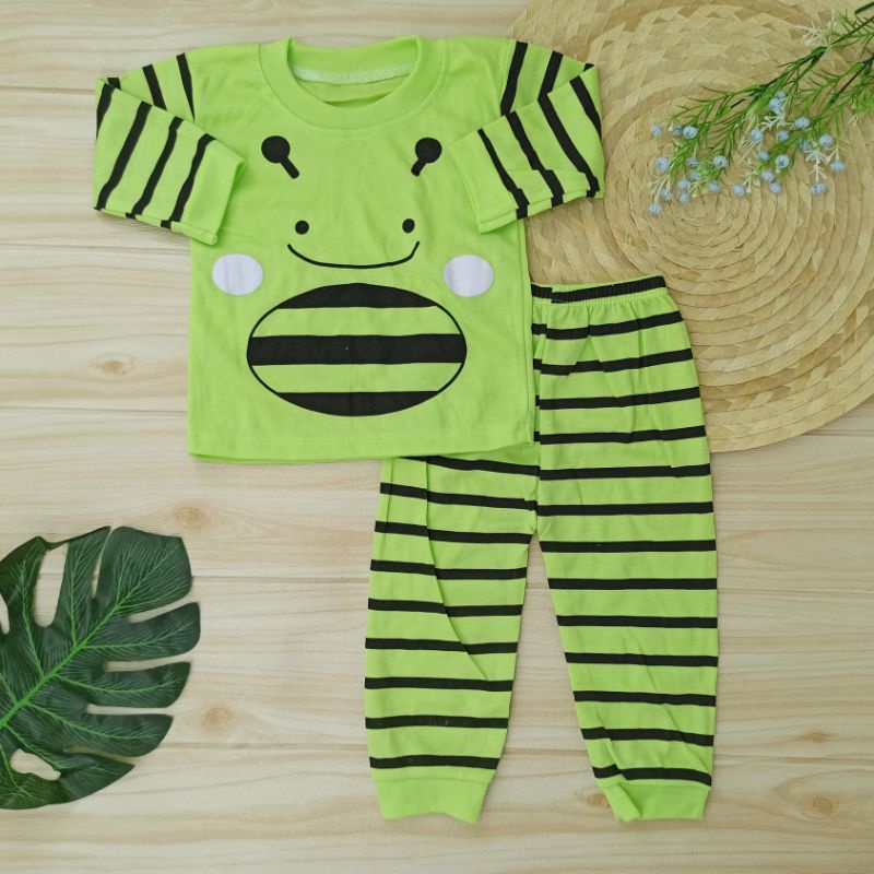 Ss#157 Setelan Baju Panjang Bayi Bahan Kaos / Piyama Baju Tidur Anak 0-12bulan Motif Bee