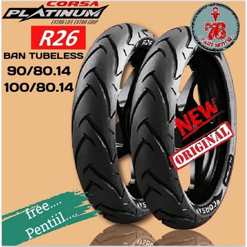 PAKET BAN TUBELESS MATIC CORSA R26 90/80.14 + 100/80.14 FREE PENTIL